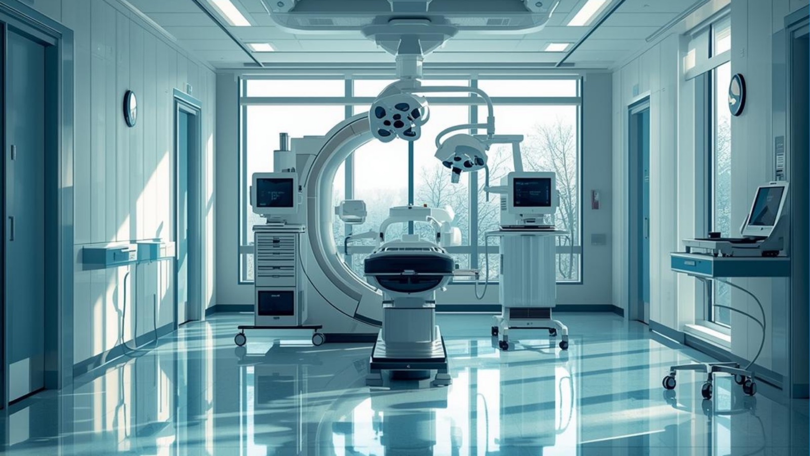 A modern operating theatre with surgical lights and monitoring equipment